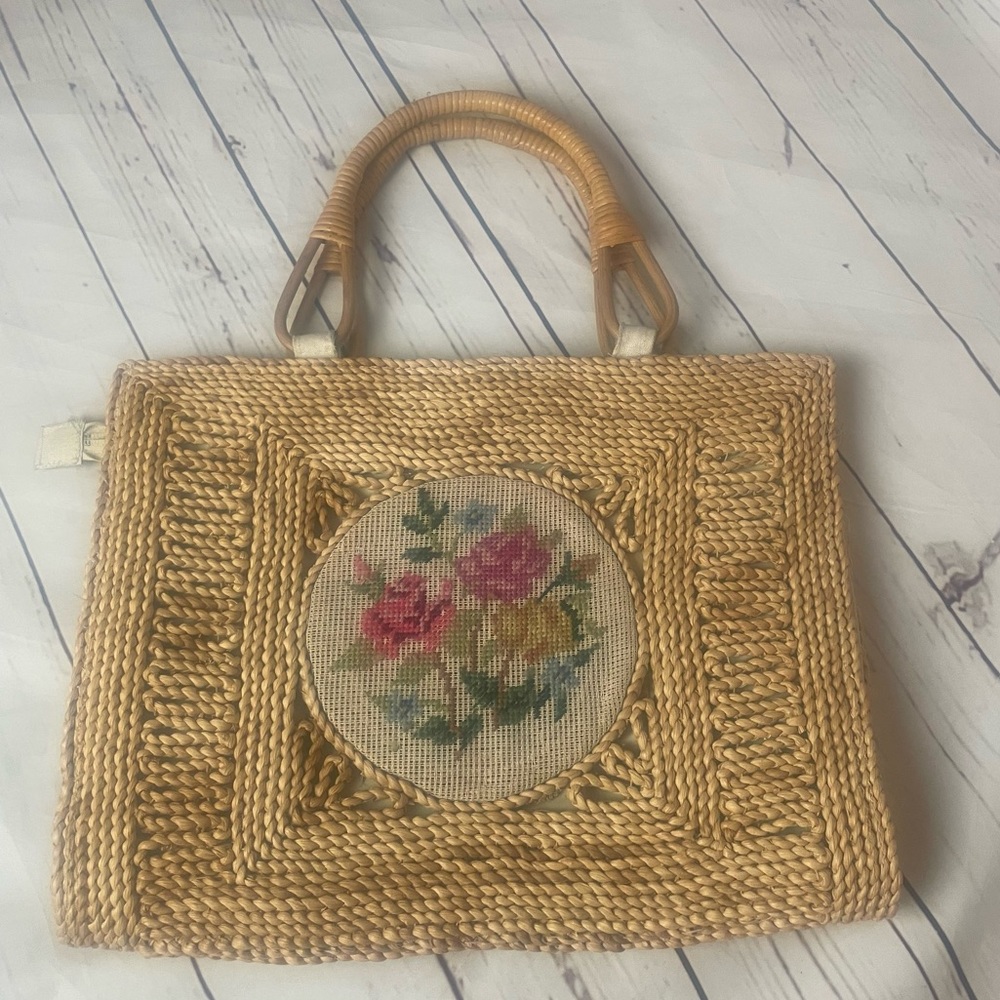 Vintage Heiress Straw Woven Purse Handbag Needlepoint Floral Bamboo Handles